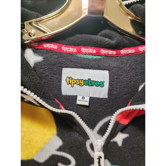 NWT Tipsy Elves Black Colorful Christmas Ornaments Fleece Jumpsuit Hoodie Mens L - Picture 5 of 8